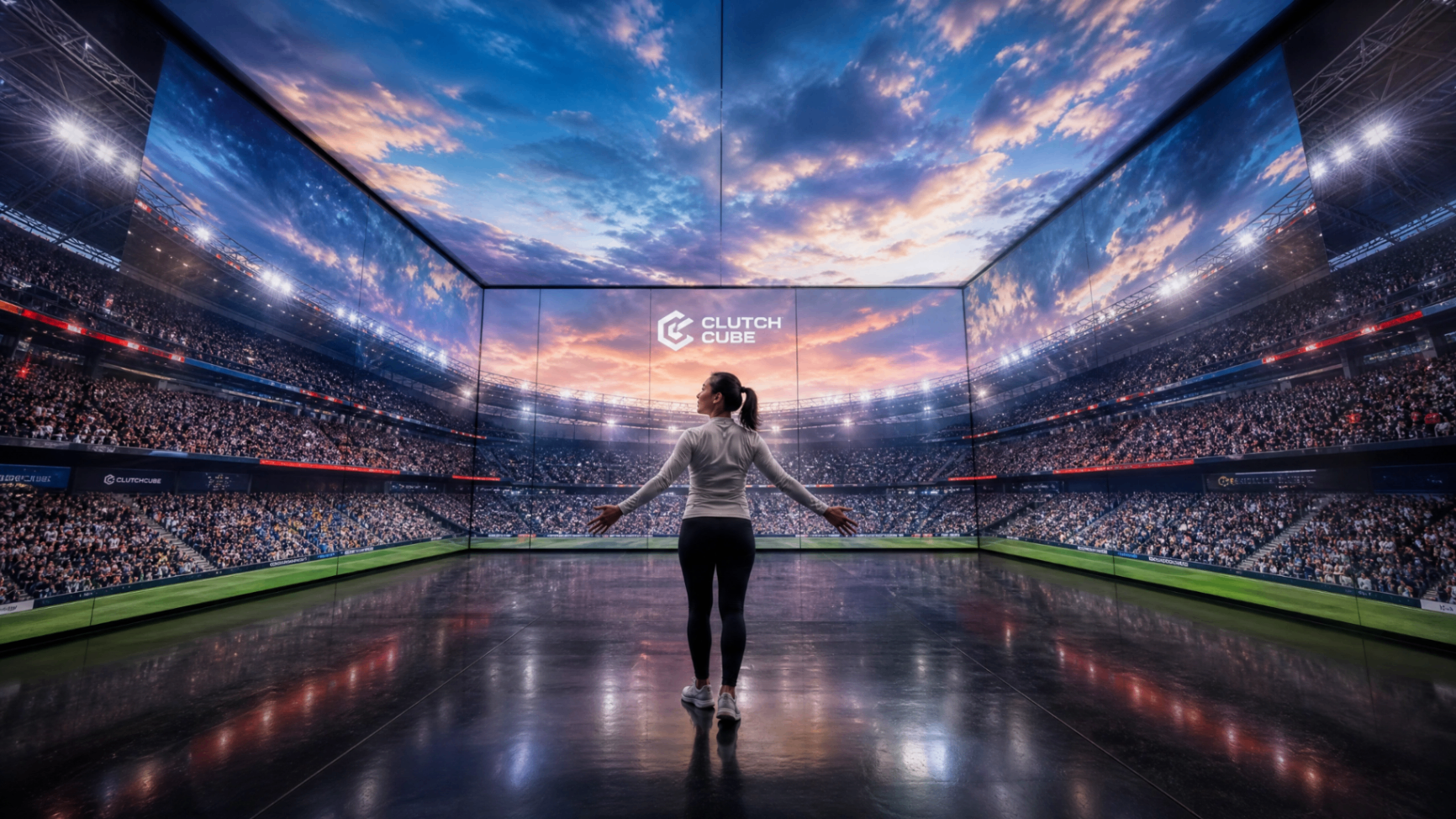 Person inside an immersive LED stadium cube